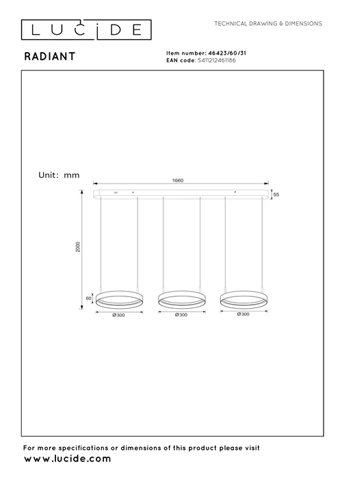Lucide RADIANT - Pendelleuchten - LED Dim. - CCT - 3x18,6W 2200K/3000K - Weiß - Vibes - technisch